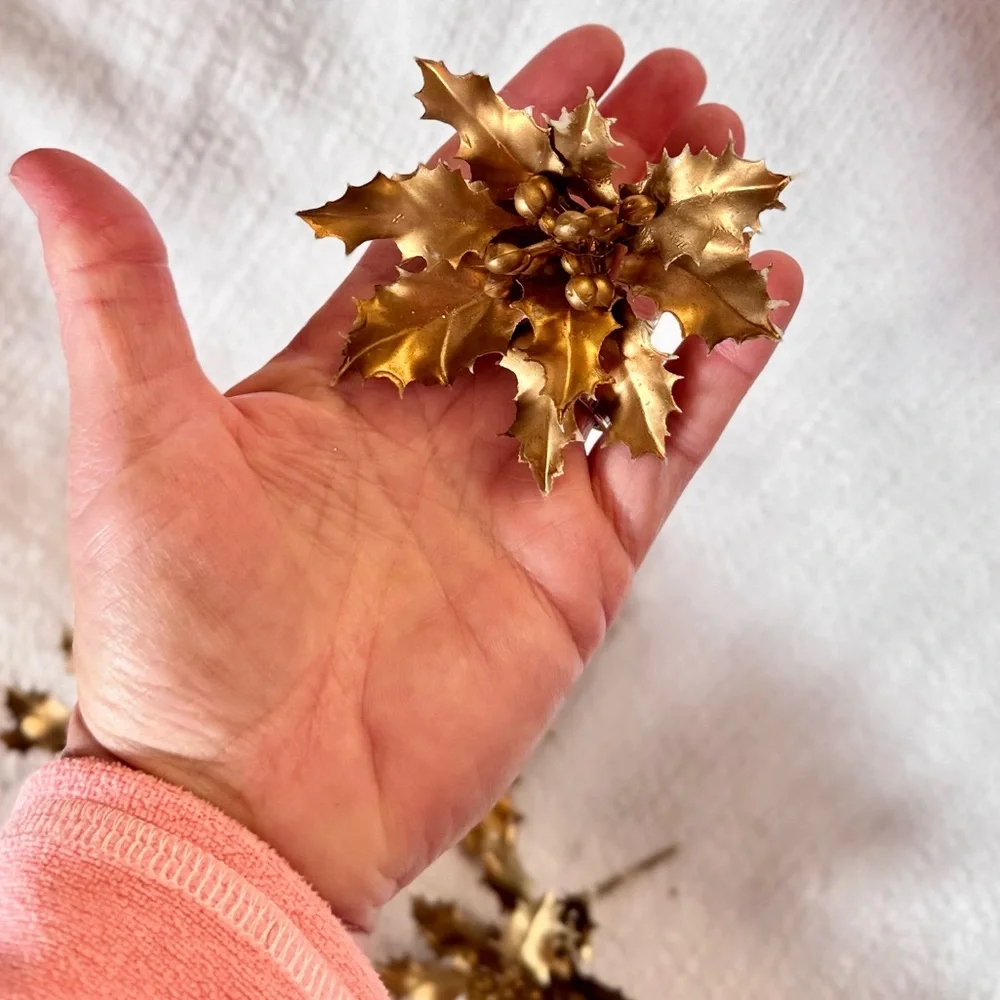 5 VINTAGE Metallic Gold Winter Holly Faux Floral Stems Thick & Rubbery Picks